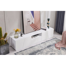 Lade das Bild in den Galerie-Viewer, Moderner Colorblocking-TV-Schrank Hochglanz-Oberfläche TV-Schrank mit Holzmaserung 170cm.abgeschrägter Patchwork-Stil.
