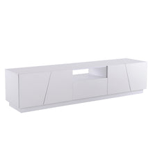 Lade das Bild in den Galerie-Viewer, Moderner Colorblocking-TV-Schrank Hochglanz-Oberfläche TV-Schrank mit Holzmaserung 170cm.abgeschrägter Patchwork-Stil.
