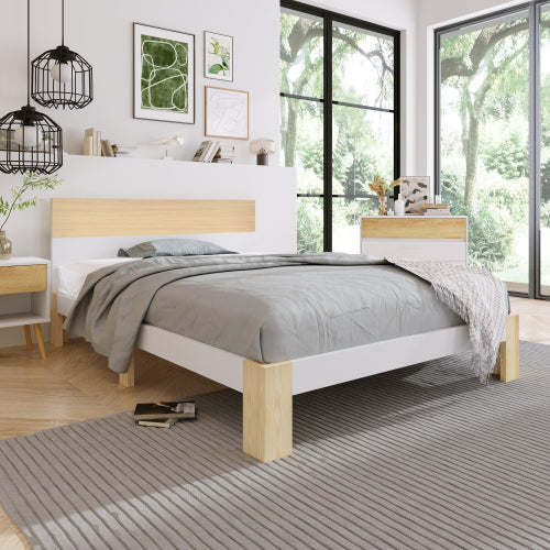 Holzbett Einzelbett mit Kopfteil Stauraumbett aus Bettgestell mit Lattenrost-90x200 cm Natürlich& Weiß Klassischen Landhausstil