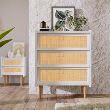Lade das Bild in den Galerie-Viewer, Schubladenkommode mit 3 Schubladen Kommode mit Rattangeflecht, Sideboard Highboard für Schlafzimmer &amp; alle Wohnräume -Weiß
