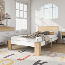 Lade das Bild in den Galerie-Viewer, Holzbett Einzelbett mit Kopfteil Stauraumbett aus Bettgestell mit Lattenrost-90x200 cm Natürlich&amp; Weiß Klassischen Landhausstil
