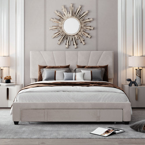 Polsterbett 140 x 200 cm Bett mit Lattenrost, Rückenlehne und großer Schublade, Hautfreundliche Samtstoff , Beige, Bett Doppelbett Jugendbett(Ohne Matratze)