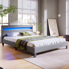 Lade das Bild in den Galerie-Viewer, LED Polsterbett Lattenrost – Kunstleder Bezug &amp; Holz Gestell in grau,inkl. LED-Beleuchtung, Kunstleder &amp; Lattenrost，Jugendbett Bett(140 x 200cm)
