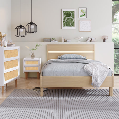 Holzbett LED Stauraumbett Holzbett Einzelbett mit Kopfteil aus Bettgestell mit Lattenrost-90 x 200 cm