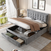 Lade das Bild in den Galerie-Viewer, Bett mit Kasten und Schubladen, Samtstoff, Polsterbett, Lattenrost, Doppelbett, großer Stauraum（140 x 200, Grau）
