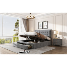 Lade das Bild in den Galerie-Viewer, Bett mit Kasten und Schubladen, Samtstoff, Polsterbett, Lattenrost, Doppelbett, großer Stauraum（140 x 200, Grau）
