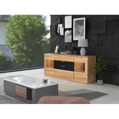 Sideboard Kommode Anrichte Standschrank Lagerung Schrank Schrank Einheit mit 7 Farben LED-Leuchten für Esszimmer Wohnzimmer（Holzfarbe und schwarz）