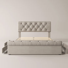 Lade das Bild in den Galerie-Viewer, Bettgestell mit 4 Schubladen, Doppelbett Polsterbett 140x200cm, Höhenverstellbarem Kopfteil, Chesterfield Funktionsbett, Natürlich（Mit Matratze）
