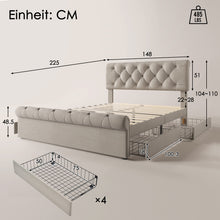 Lade das Bild in den Galerie-Viewer, Bettgestell mit 4 Schubladen, Doppelbett Polsterbett 140x200cm, Höhenverstellbarem Kopfteil, Chesterfield Funktionsbett, Natürlich（Mit Matratze）
