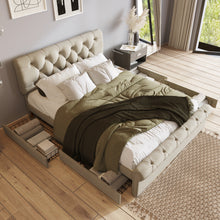 Lade das Bild in den Galerie-Viewer, Bettgestell mit 4 Schubladen, Doppelbett Polsterbett 140x200cm, Höhenverstellbarem Kopfteil, Chesterfield Funktionsbett, Natürlich（Mit Matratze）
