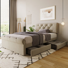 Lade das Bild in den Galerie-Viewer, Bettgestell mit 2 Schubladen, Einzelbett Polsterbett 90x200cm, Höhenverstellbarem Kopfteil, Chesterfield Funktionsbett, Natürlich,ohne Matratze
