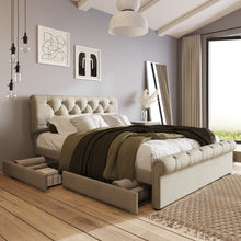 Lade das Bild in den Galerie-Viewer, Bettgestell mit 4 Schubladen, Doppelbett Polsterbett 140x200cm, Höhenverstellbarem Kopfteil, Chesterfield Funktionsbett, Natürlich（Mit Matratze）
