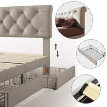 Lade das Bild in den Galerie-Viewer, Bettgestell mit 4 Schubladen, Doppelbett Polsterbett 140x200cm, Höhenverstellbarem Kopfteil, Chesterfield Funktionsbett, Natürlich,ohne Matratze
