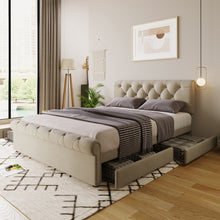 Lade das Bild in den Galerie-Viewer, Bettgestell mit 4 Schubladen, Doppelbett Polsterbett 140x200cm, Höhenverstellbarem Kopfteil, Chesterfield Funktionsbett, Natürlich（Mit Matratze）
