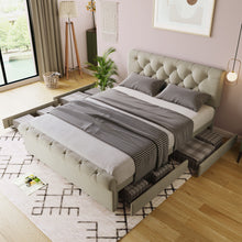 Lade das Bild in den Galerie-Viewer, Bettgestell mit 4 Schubladen, Doppelbett Polsterbett 140x200cm, Höhenverstellbarem Kopfteil, Chesterfield Funktionsbett, Natürlich（Mit Matratze）
