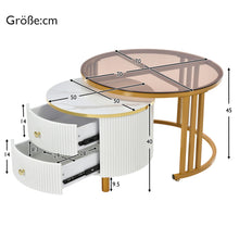 Lade das Bild in den Galerie-Viewer, 2 in 1 Runder Couchtisch aus MDF, Beistelltisch mit 1 Tischplatte in Marmoroptik und 1 aus Braunem Gehärtetem Glas, 2 Schubladen Kaffeetisch Tischkombination für Wohnzimmer, 70*70*45 + 50*50*40cm.

