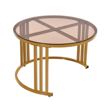 Lade das Bild in den Galerie-Viewer, 2 in 1 Runder Couchtisch aus MDF, Beistelltisch mit 1 Tischplatte in Marmoroptik und 1 aus Braunem Gehärtetem Glas, 2 Schubladen Kaffeetisch Tischkombination für Wohnzimmer, 70*70*45 + 50*50*40cm.
