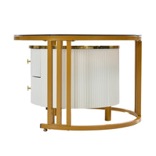 Lade das Bild in den Galerie-Viewer, 2 in 1 Runder Couchtisch aus MDF, Beistelltisch mit 1 Tischplatte in Marmoroptik und 1 aus Braunem Gehärtetem Glas, 2 Schubladen Kaffeetisch Tischkombination für Wohnzimmer, 70*70*45 + 50*50*40cm.
