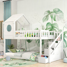 Lade das Bild in den Galerie-Viewer, Baumhaus Kinderbett, Ins und aus dem Bett kommen, Doppelbett, Kinderbett in Hausform, Leiterschrank, Kiefernholz Haus Bett for Kids, 90 x 200 cm, ohne Matratze, weiß
