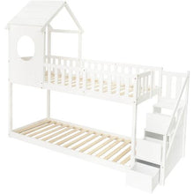 Lade das Bild in den Galerie-Viewer, Baumhaus Kinderbett, Ins und aus dem Bett kommen, Doppelbett, Kinderbett in Hausform, Leiterschrank, Kiefernholz Haus Bett for Kids, 90 x 200 cm, ohne Matratze, weiß
