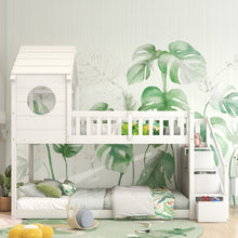 Lade das Bild in den Galerie-Viewer, Baumhaus Kinderbett, Ins und aus dem Bett kommen, Doppelbett, Kinderbett in Hausform, Leiterschrank, Kiefernholz Haus Bett for Kids, 90 x 200 cm, ohne Matratze, weiß
