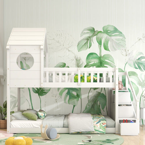 Baumhaus Kinderbett, Ins und aus dem Bett kommen, Doppelbett, Kinderbett in Hausform, Leiterschrank, Kiefernholz Haus Bett for Kids, 90 x 200 cm, ohne Matratze, weiß