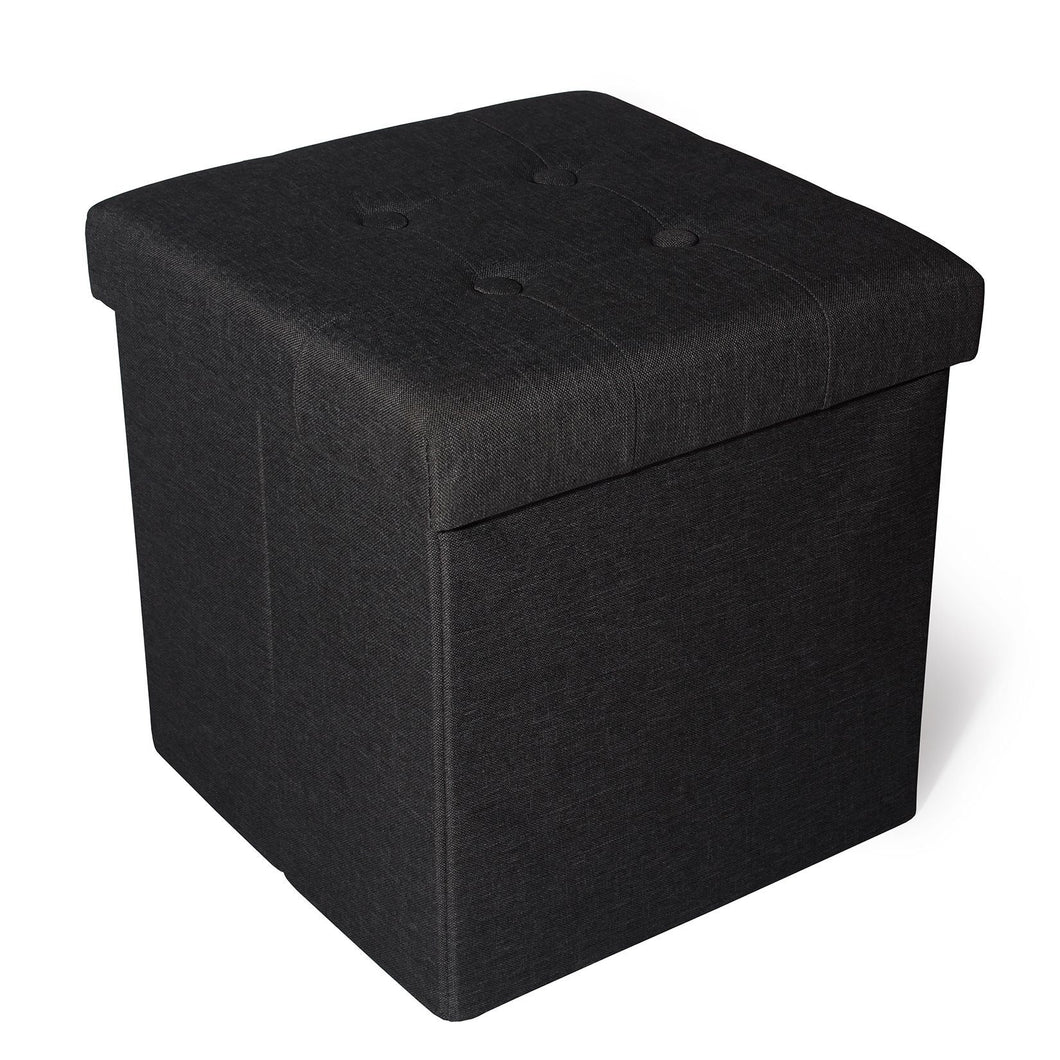 Sitzhocker mit Stauraum, Fußhocker, Fußbank Truhen Aufbewahrungsbox faltbar belastbar bis 300 kg, Leinen, 38 x 38 x 38 cm(Dunkles Schwarz)