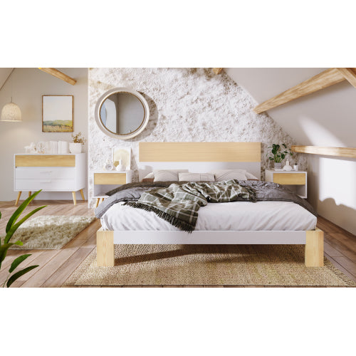 Holzbett Doppelbett mit Kopfteil Stauraumbett aus Bettgestell mit Lattenrost-140x200 cm Natürlich& Weiß Klassischen Landhausstil