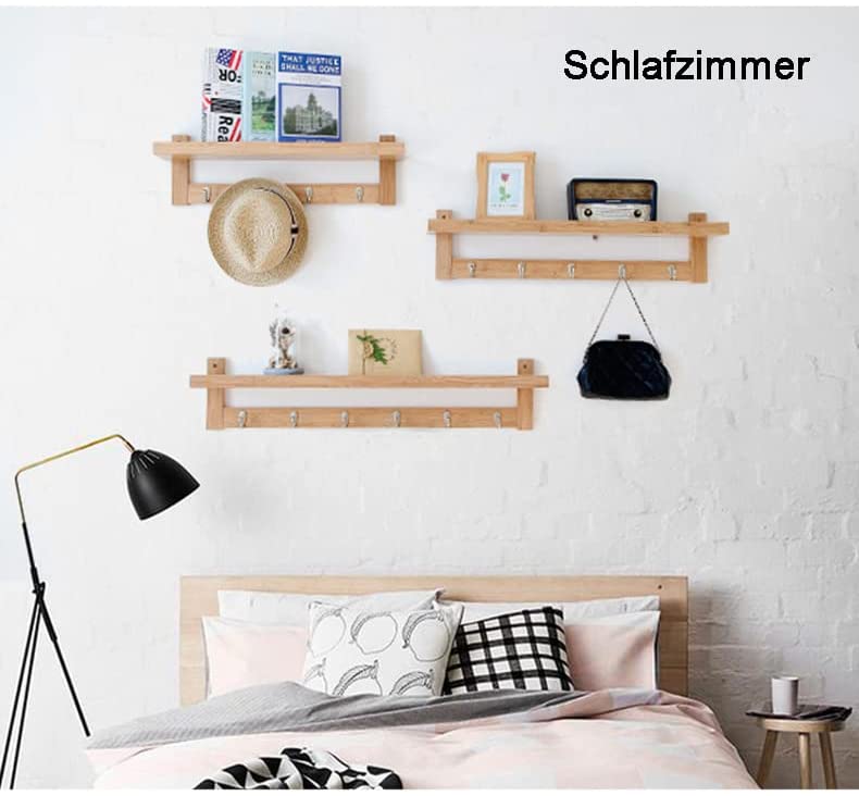 Wandgarderobe mit 5 Edelstahlhaken und einem schwebenden Regal, Wandregal aus Bambus, Garderobenstaender, Wandmontiertes