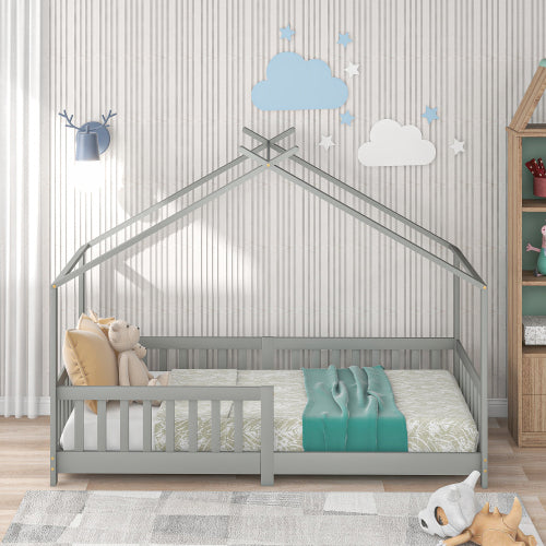 Schönes Hausbett Kinderbett,Vollholz mit Zaun und Lattenrost, mit Rausfallschutz für Kinder- und Jugendzimmer,grau (200x90cm)