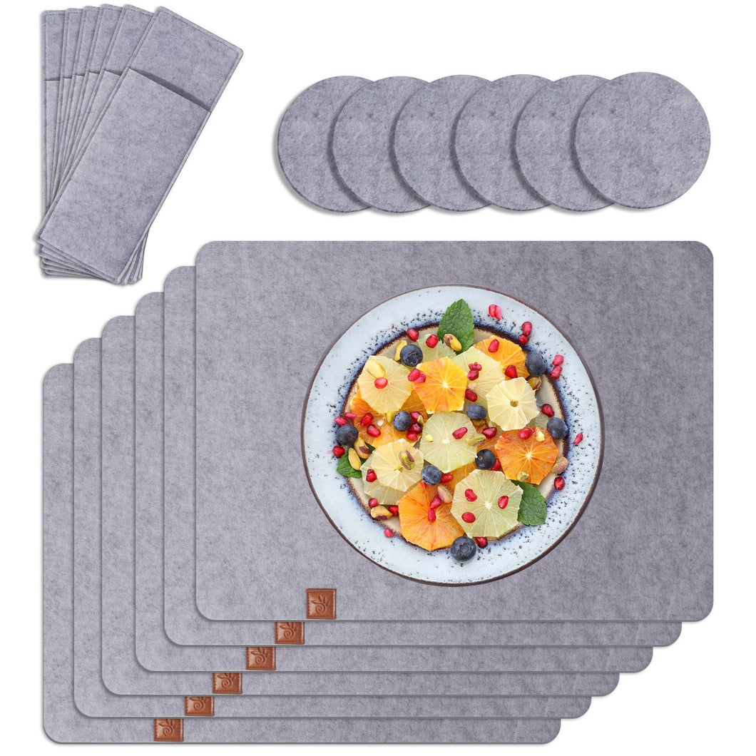 6er Set Premium Tischset Platzsets aus Filz, Mit Untersetzer Gläser und Bestecktasche,Tischsets Abwischbar und Waschen (Farbe: Grau)