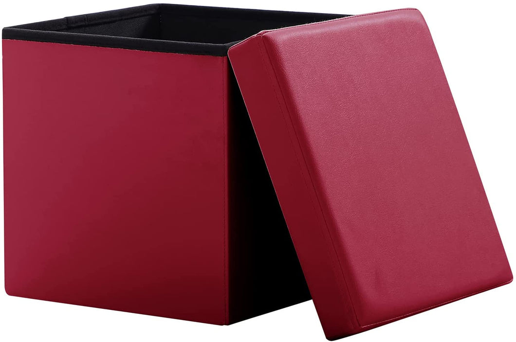 Stauraum Fußhocker, Aufbewahrungsbox faltbar belastbar bis 300 kg, 38 x 38 x 38 cm,Aus MDF-Platte und Kunstleder.(Dunkelrot)