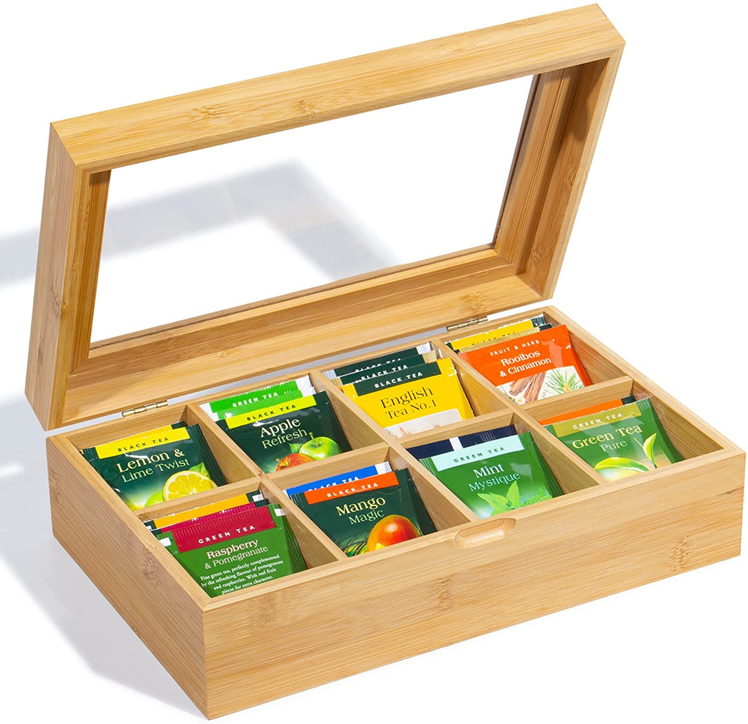 Teebox Holz, 30 * 19 * 9 cm, Teeboxen für Teebeutel, Aufbewahrungsbox für Kaffee, Gewürze und Tee, Teekiste mit Sichtscheibe (30x19x9cm(8 Fächer))