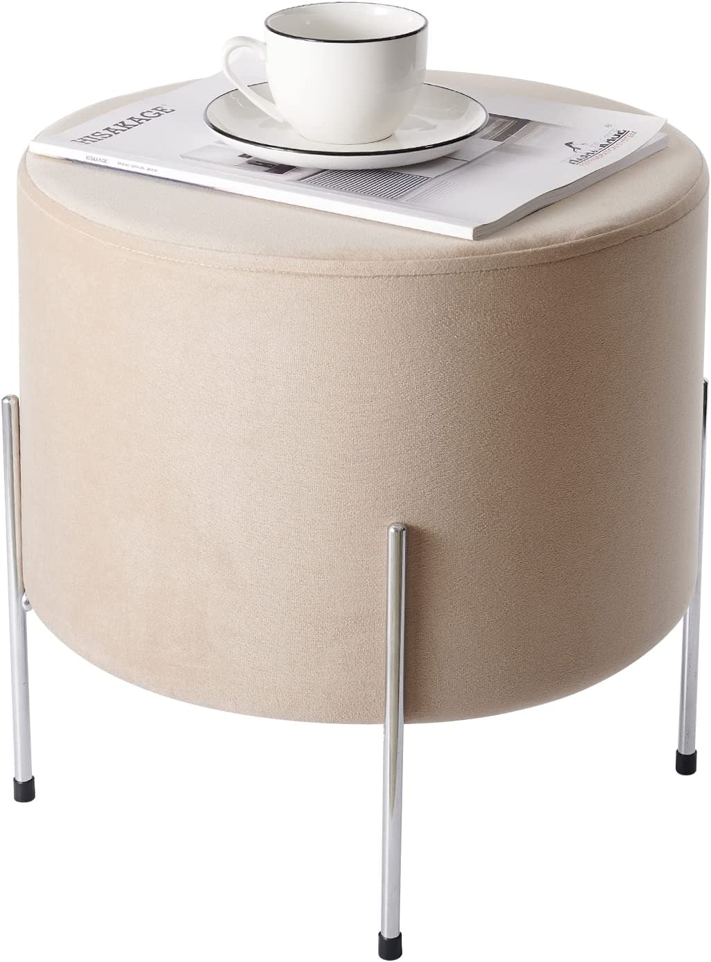 Samt runder Hocker,Fußhocker Pouf,Eleganter Fußstütze Ottoman mit Metall,Gepolsterte hocker (Beige, Samt)