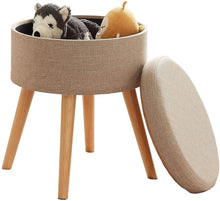 Lade das Bild in den Galerie-Viewer, Aufbewahrungsbox Stuhl Ottoman Polstersitz aus Leinen und Massivholz (Beige)
