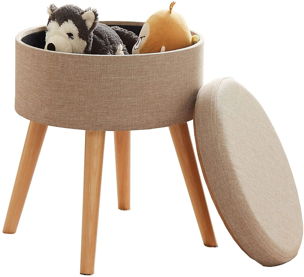 Sitzhocker Aufbewahrungsbox Stuhl Ottoman Polstersitz aus Leinen und Massivholz (Beige)