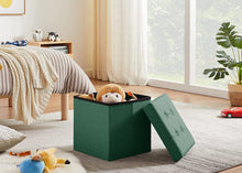 Lade das Bild in den Galerie-Viewer, Fußhocker, Fußbank Truhen Aufbewahrungsbox faltbar belastbar bis 300 kg, Leinen, 38 x 38 x 38 cm（Dunkelgrün）
