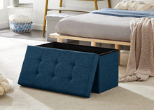 Lade das Bild in den Galerie-Viewer, Sitzbank, Sitzhocker, Fußhocker, Sitztruhe faltbar mit Stauraum belastbar bis 300 kg 76 x 38 x 38 cm«, MDF-Platte und Leinenimitat.(Marineblau)
