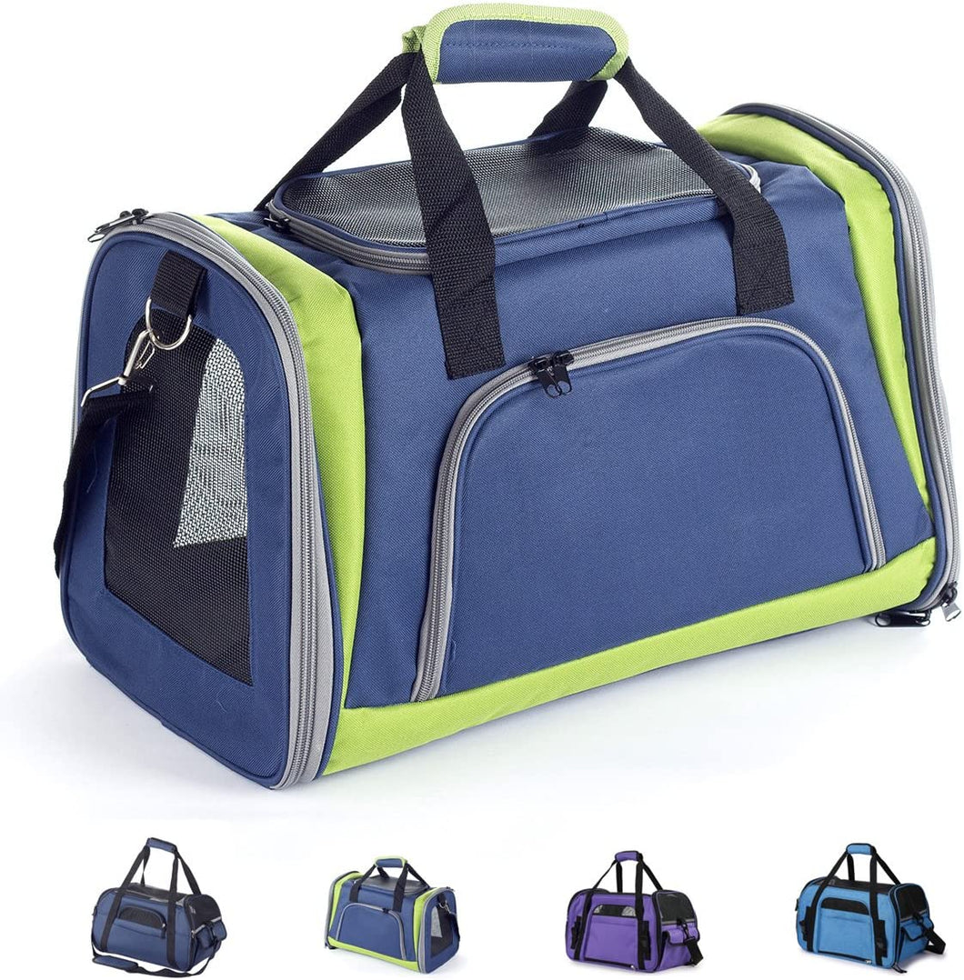 Faltbare Hundetasche, Hundetragetasche, Katzentragetasche, Transporttasche Transportbox für Hunde und Katzen (L - 40 x 25 x 33 cm, Marineblau & Grün)