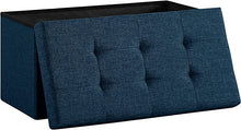 Lade das Bild in den Galerie-Viewer, Sitzbank, Sitzhocker, Fußhocker, Sitztruhe faltbar mit Stauraum belastbar bis 300 kg 76 x 38 x 38 cm«, MDF-Platte und Leinenimitat.(Marineblau)
