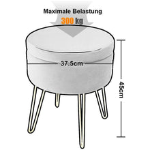 Lade das Bild in den Galerie-Viewer, Hocker samt rund, schminktisch hocker, Polsterhocker,Schminktischbänke, Sitzhocker mit stauraum (Abnehmbarer Deckel) Metall Bein D.37.5cm*H45cm(Grau)
