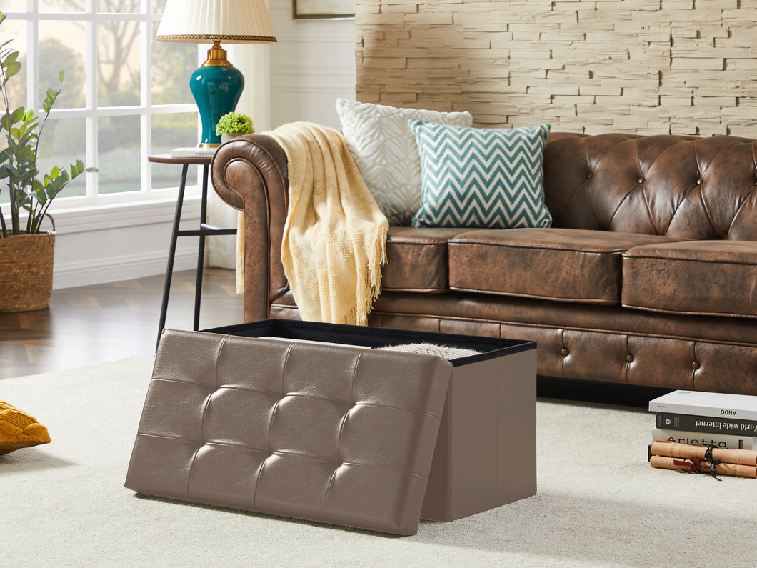 Sitzbank, Sitzhocker, Fußhocker, Sitztruhe faltbar mit Stauraum belastbar bis 300kg 76 x 38 x 38 cm«, Aus MDF-Platte und Kunstleder.(Taupe)
