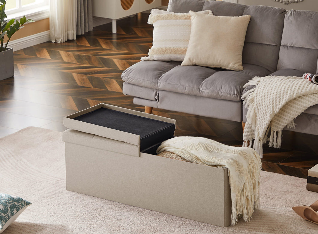 Sitzbank mit Stauraum Sitzhocker Faltbar Sitztruhe belastbar bis 300 kg, Deckel Abnehmbar, 114x38x38 cm,Beige