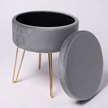 Lade das Bild in den Galerie-Viewer, Hocker samt rund, schminktisch hocker, Polsterhocker,Schminktischbänke, Sitzhocker mit stauraum (Abnehmbarer Deckel) Metall Bein D.37.5cm*H45cm(Grau)
