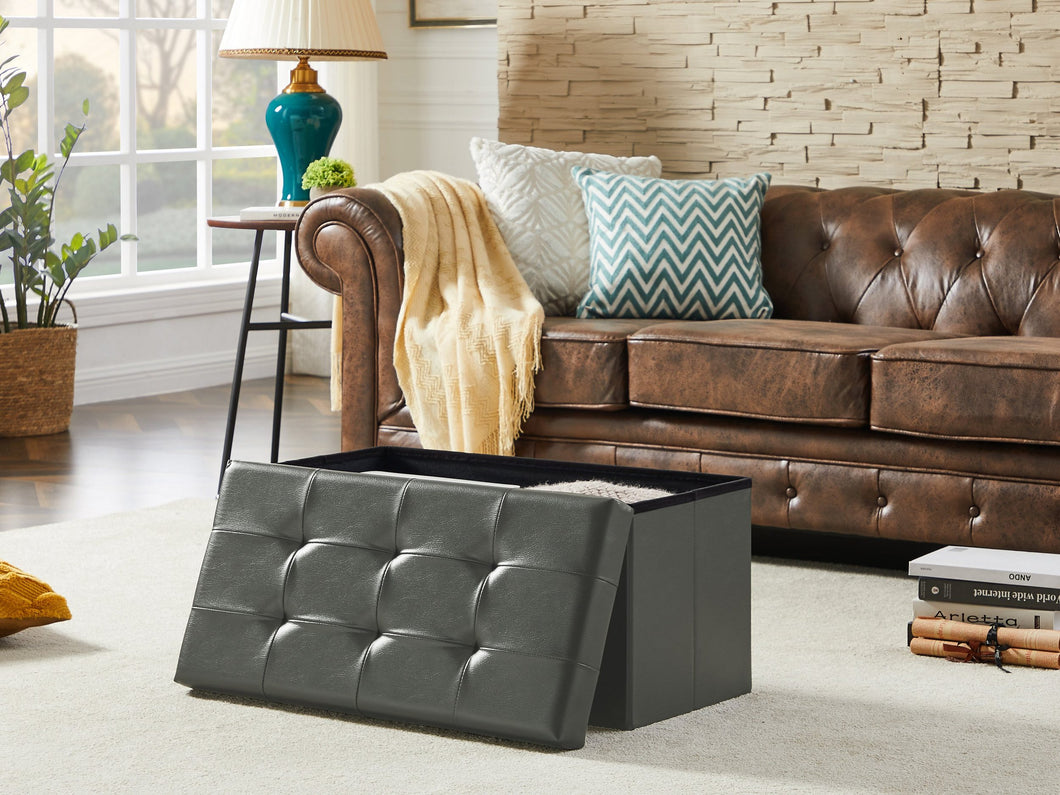Sitzbank,Fußhocker, Sitztruhe faltbar mit Stauraum belastbar bis 300kg 76 x 38 x 38 cm«, Aus MDF-Platte und Kunstleder. (Kunstleder-Grau)